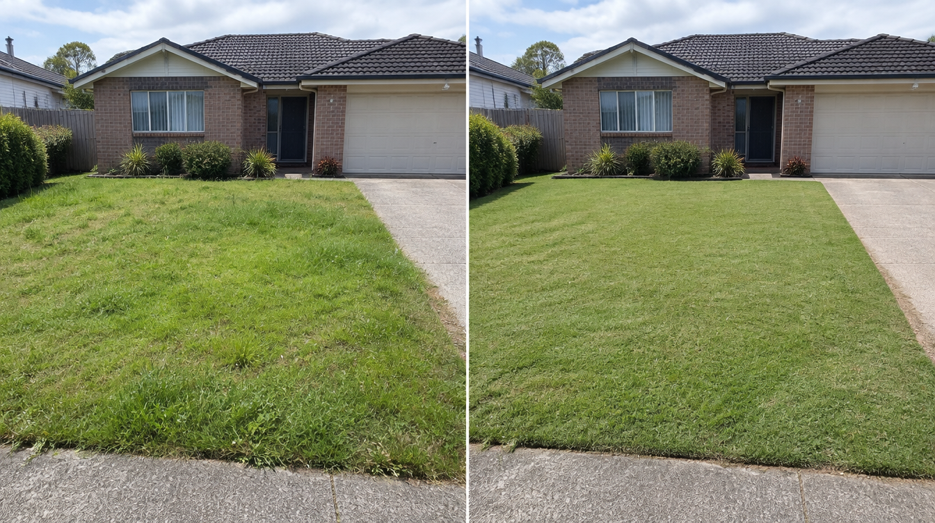 Before and after of a lawn mowing job at a suburban home — overgrown grass transformed into a neat, freshly mown lawn