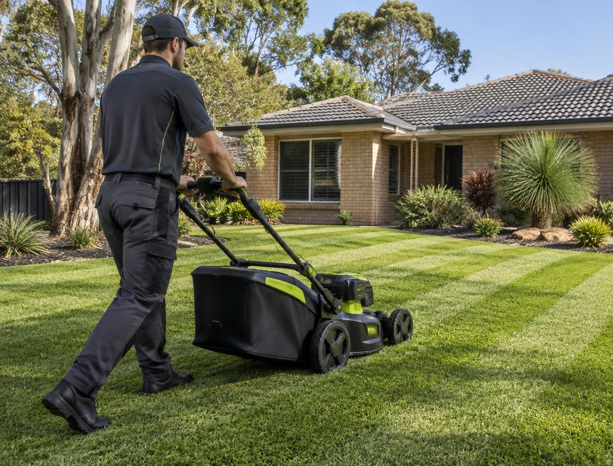 Lawn care professional mowing and edging an Australian residential lawn